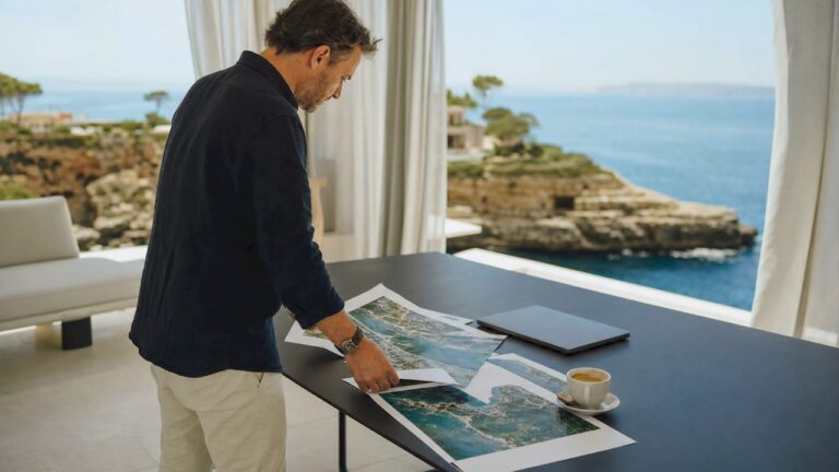 Real estate agent reviewing Mallorca coastal property documents