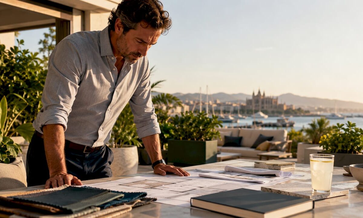 Architect reviewing renovation blueprints in studio