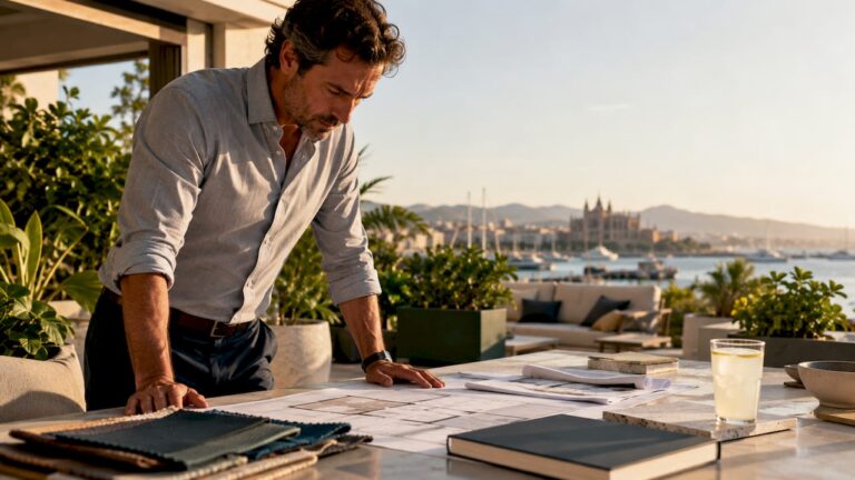 Architect reviewing renovation blueprints in studio