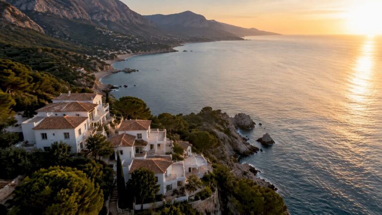 Aerial coastal homes in Tramuntana Mallorca