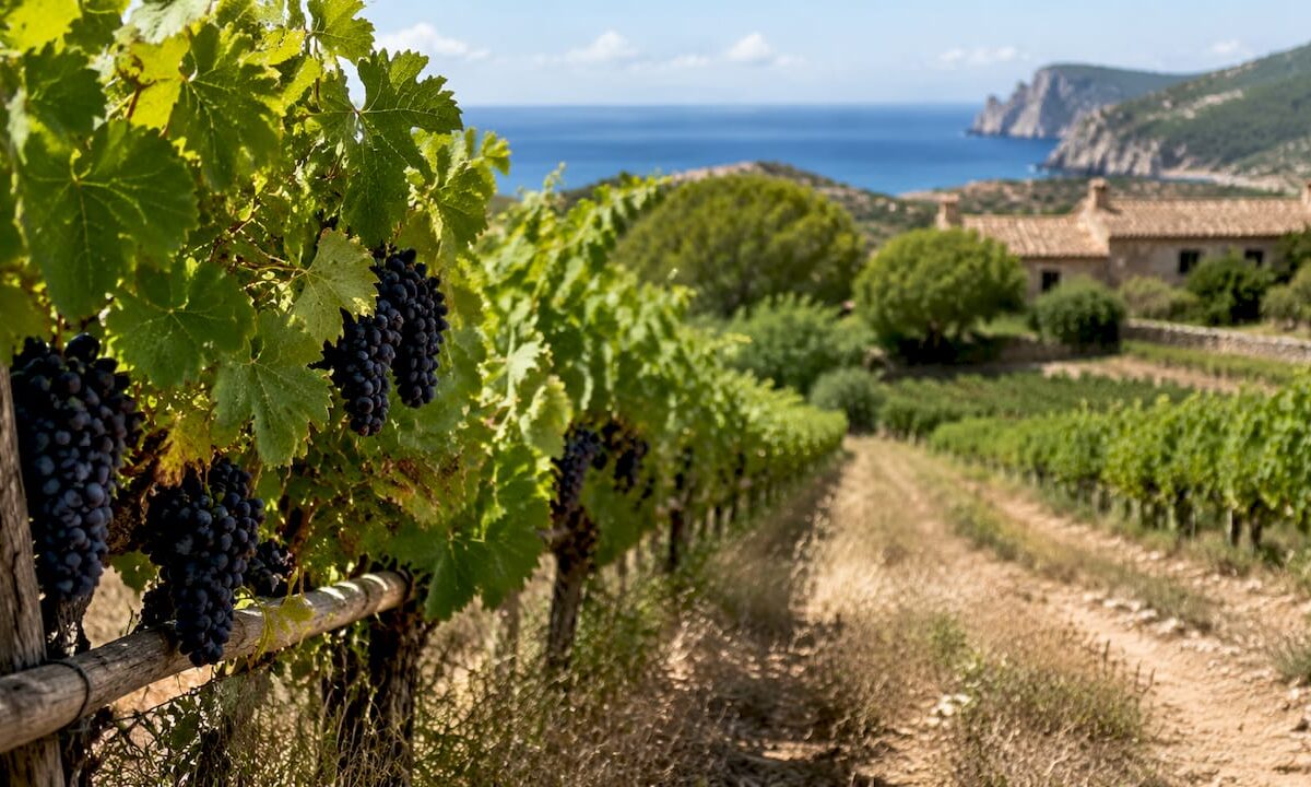 Sunlit Mallorca vineyard with sea and farmhouse