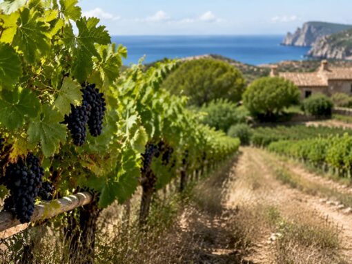Sunlit Mallorca vineyard with sea and farmhouse