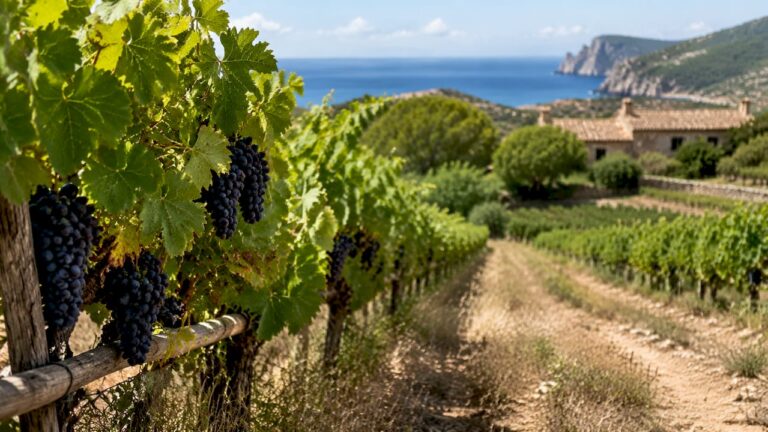 Sunlit Mallorca vineyard with sea and farmhouse