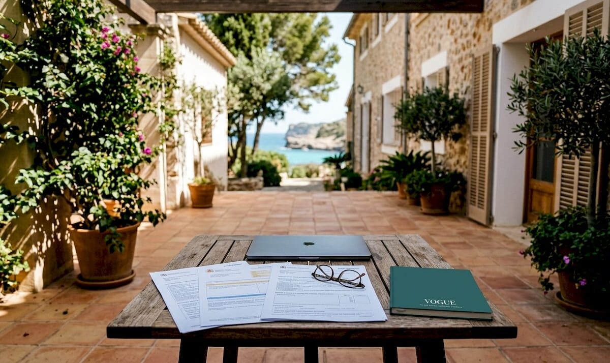 Balcony table with tax papers and sea view in Mallorca