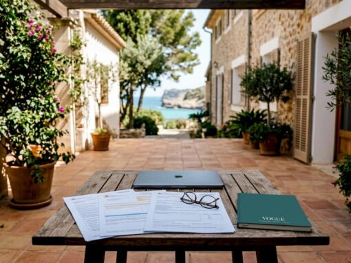 Balcony table with tax papers and sea view in Mallorca