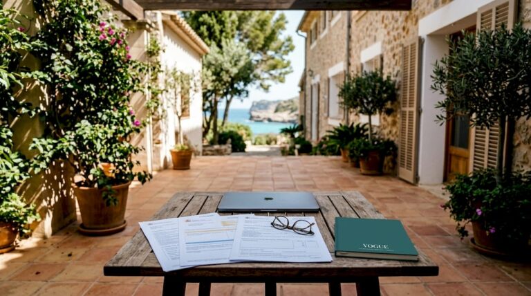 Balcony table with tax papers and sea view in Mallorca