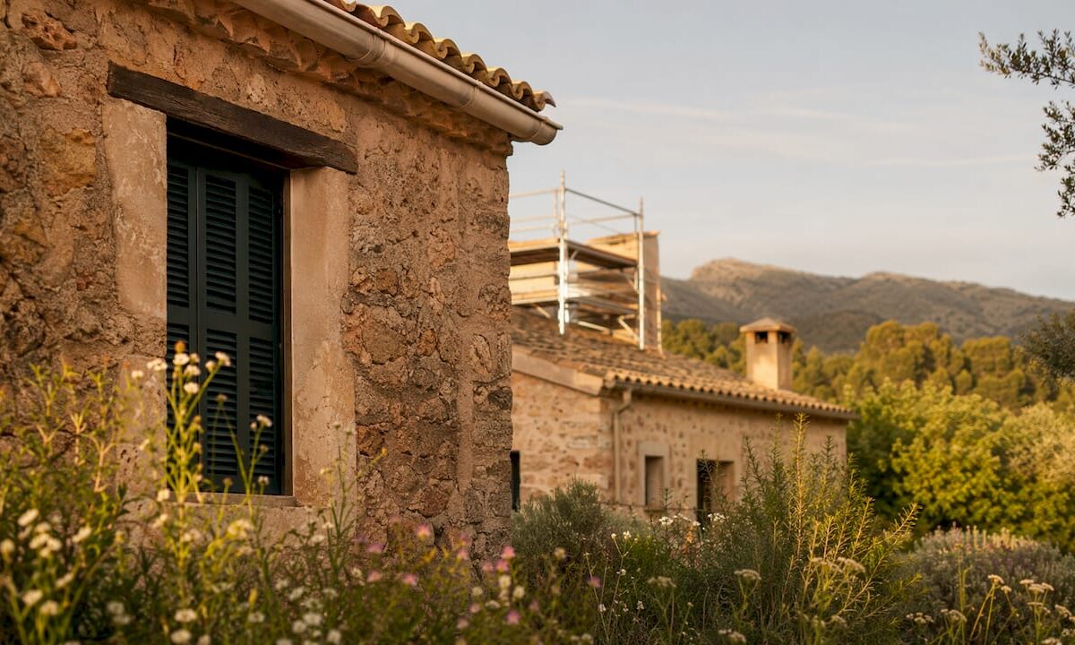 Traditional Mallorca stone finca under restoration outdoors