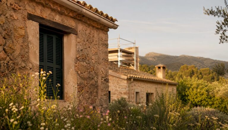 Traditional Mallorca stone finca under restoration outdoors