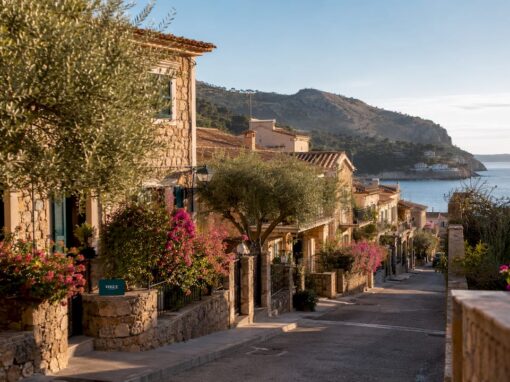 Mediterranean coastal homes in Mallorca at sunset
