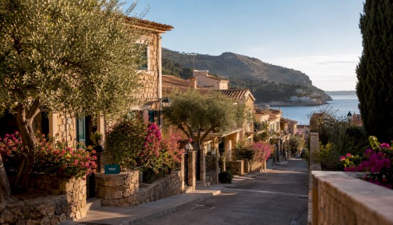 Mediterranean coastal homes in Mallorca at sunset