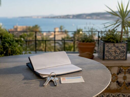 Spanish bank documents and keys on villa balcony