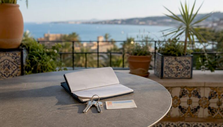 Spanish bank documents and keys on villa balcony