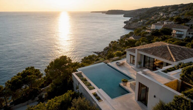 Aerial view of luxury coastal villa in Mallorca