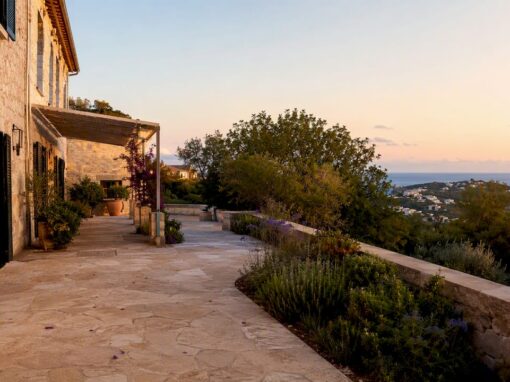 Sunlit villa facade and garden in Mallorca in September