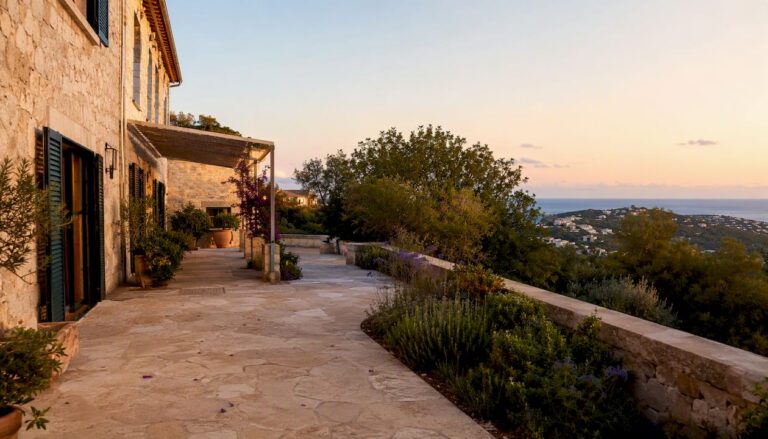 Sunlit villa facade and garden in Mallorca in September