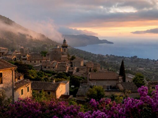 Aerial view of Deià village and sea coast