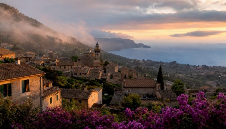 Aerial view of Deià village and sea coast