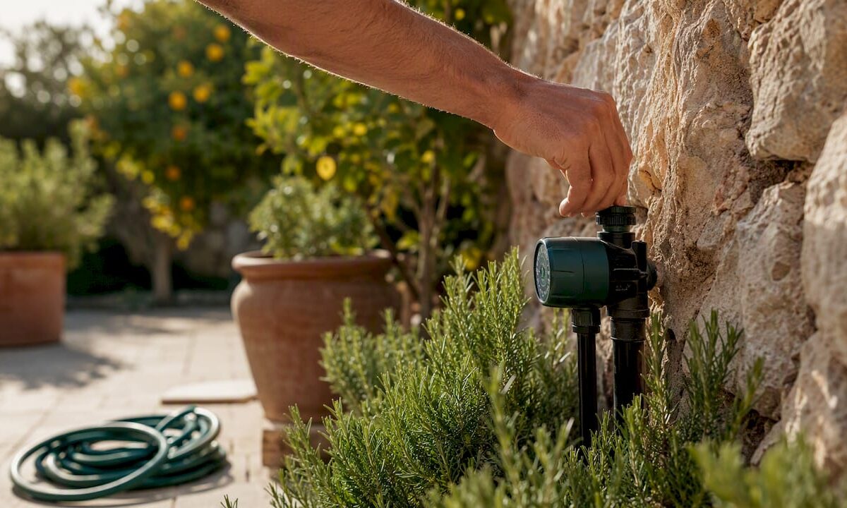 Hand adjusting irrigation timer in Mallorca villa garden