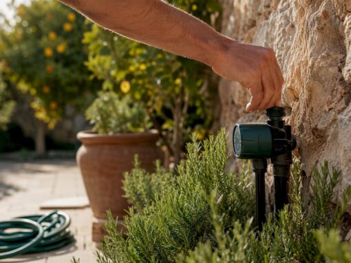 Hand adjusting irrigation timer in Mallorca villa garden