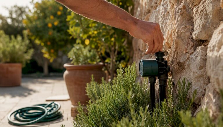 Hand adjusting irrigation timer in Mallorca villa garden