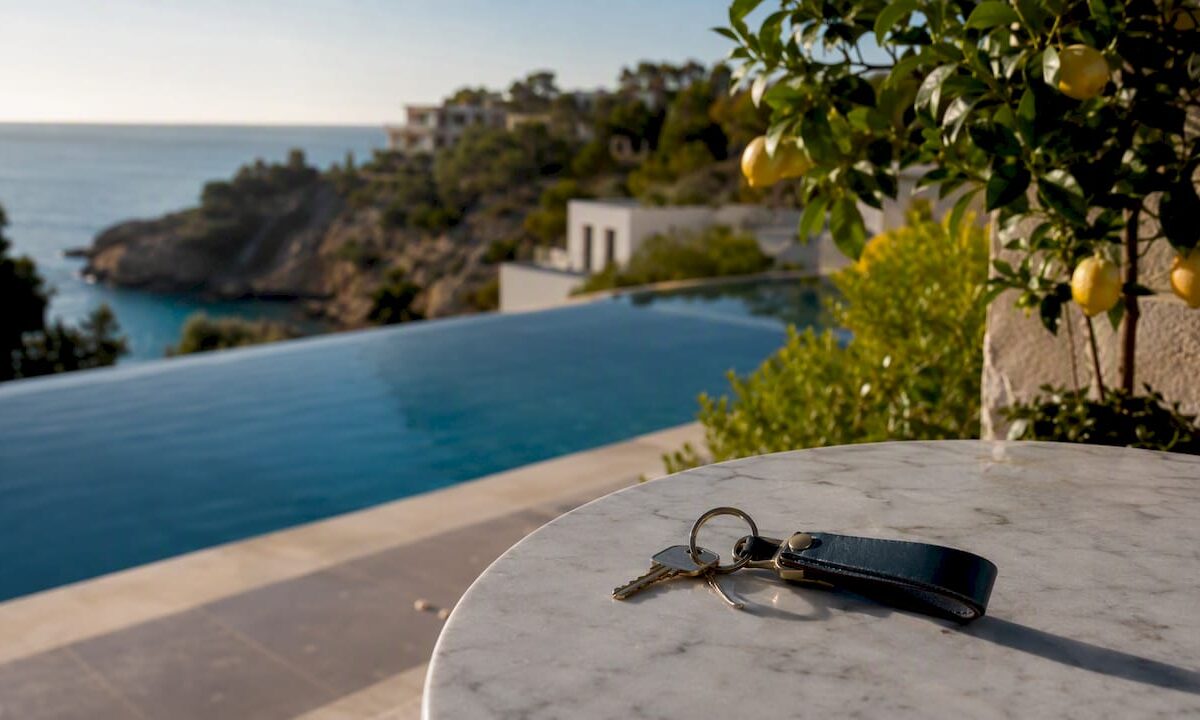 Keys on table at Mallorca coastal terrace