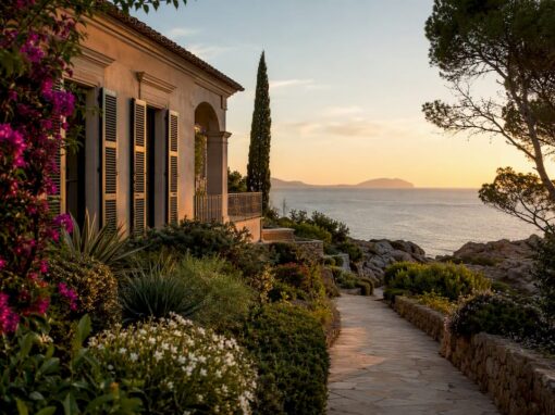 Luxury villa exterior on Mallorca coast at twilight