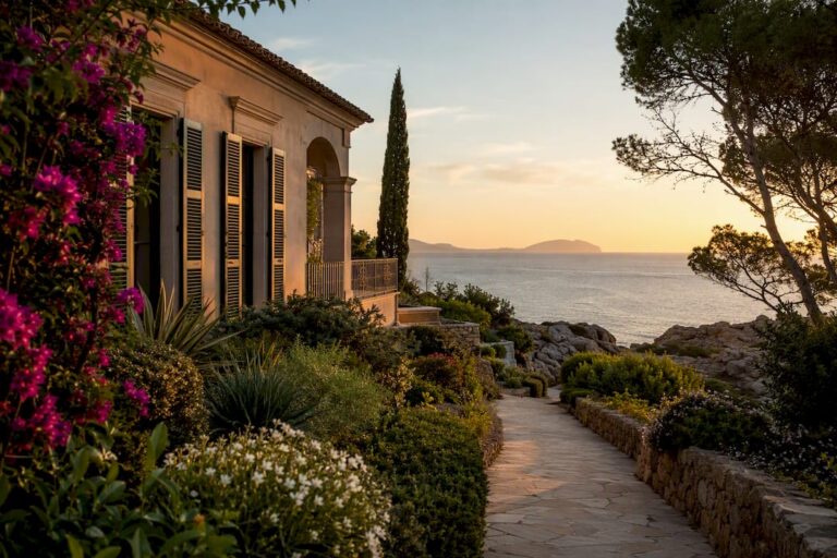 Luxury villa exterior on Mallorca coast at twilight