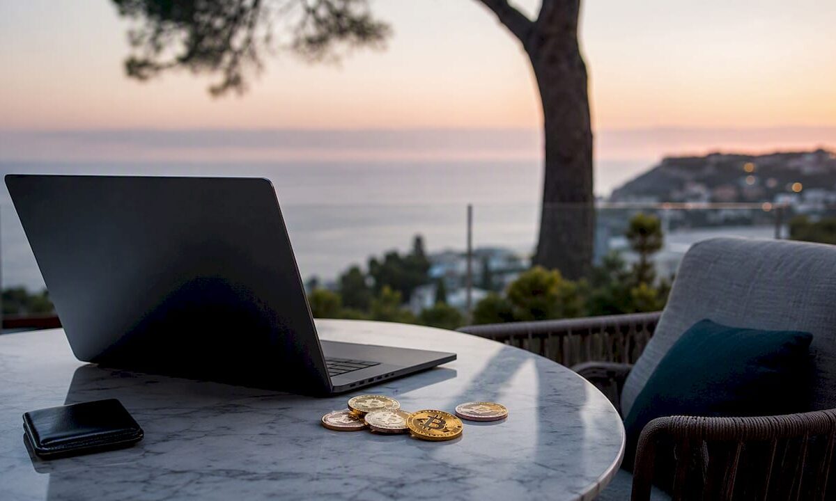 Mallorca villa terrace with crypto coins and laptop
