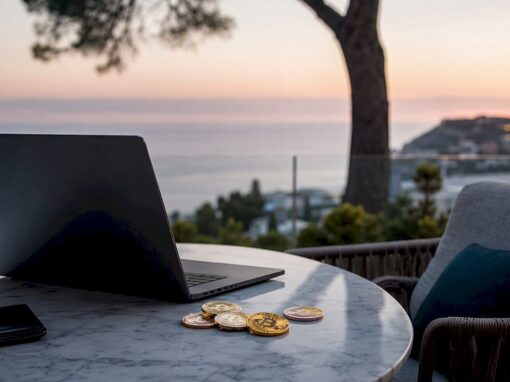 Mallorca villa terrace with crypto coins and laptop