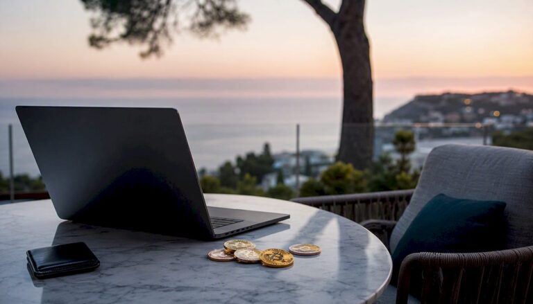 Mallorca villa terrace with crypto coins and laptop
